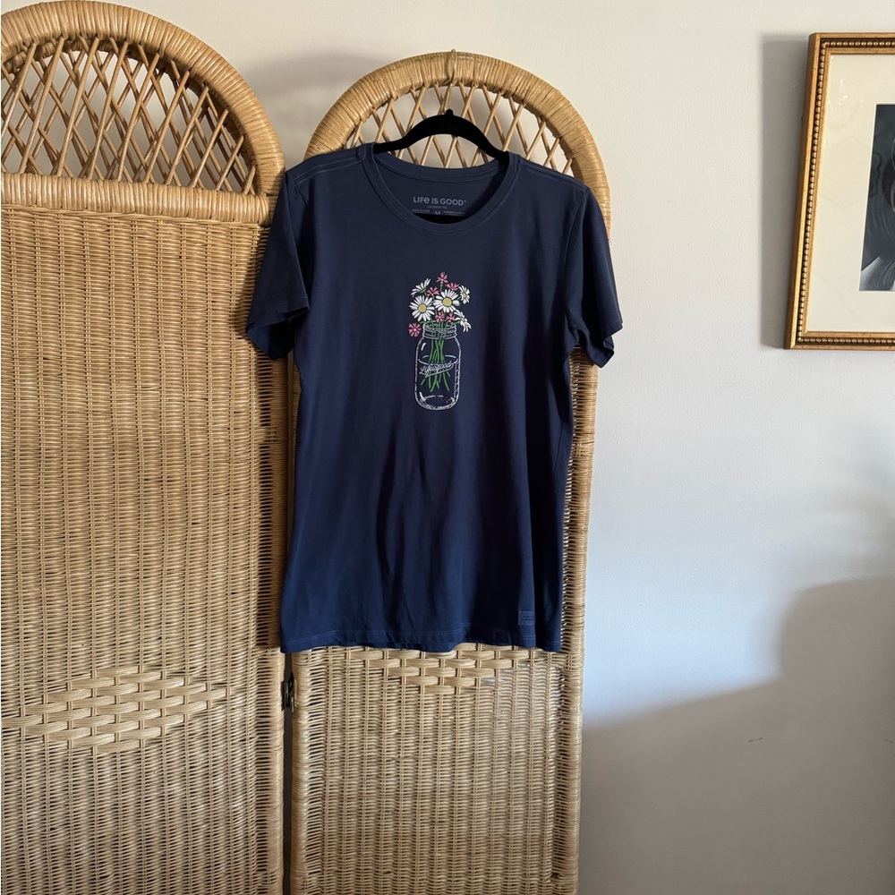 Life Is Good Dark Blue Tee with Floral Jar Design